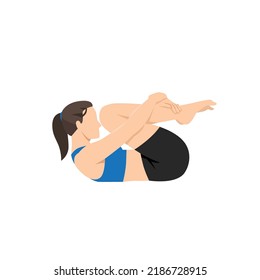 Woman doing Wind Release Pose Nose To Knee. Pawanmuktasana Nose To Knee. Flat vector illustration isolated on white background