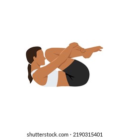 Woman doing Wind Release Pose Nose To Knee. Pawanmuktasana Nose To Knee. Flat vector illustration isolated on white background