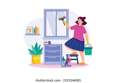 Woman doing window cleaning with cleaning equipment