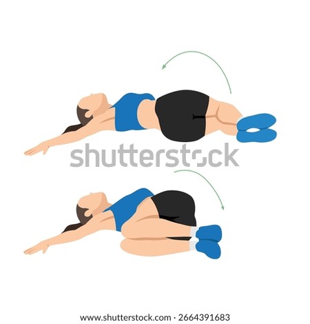 Woman doing windshield wiper ab exercise, targeting the core and obliques. Flat vector illustration isolated on white background