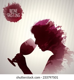 Woman doing a wine tasting. Silhouette of woman smelling a glass of wine. Illustration with colored spots wine. Vector