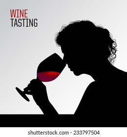 Woman doing a wine tasting. Silhouette of woman smelling a glass of wine. Vector.