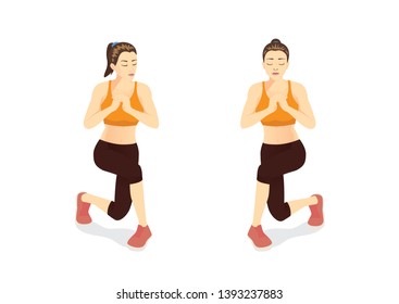 Woman doing workout with Alternating Curtsy Lunge in 2 steps. Illustration about Exercise guide.