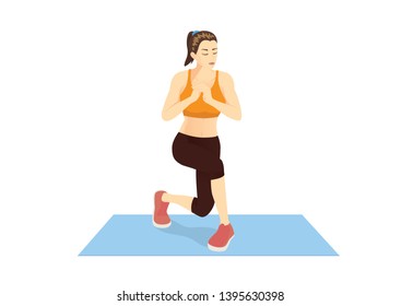 Woman doing workout with Alternating Curtsy Lunge. Illustration about Exercise for Targets at calves, Hamstrings and hips.