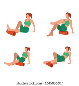 Woman doing workout exercise with foam rolling flat illustration style