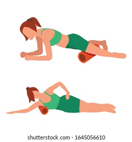 Woman doing workout exercise with foam rolling flat illustration style