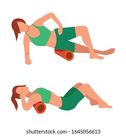 Woman doing workout exercise with foam rolling flat illustration style