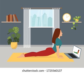 Woman doing workout in living room using online personal training program.Sport exercise at home. Yoga and fitness, healthy lifestyle. Flat vector illustration