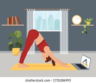 Woman doing workout in living room using online personal training program.Sport exercise at home. Yoga and fitness, healthy lifestyle. Flat vector illustration