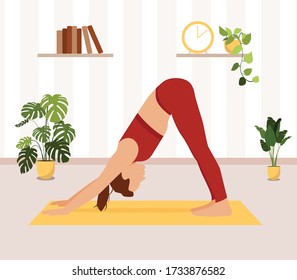 Woman doing workout in living room.Sport exercise at home. Yoga and fitness, healthy lifestyle. Flat vector illustration