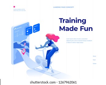 A woman doing a workout on a bike-trainer and using a mobile application to watch out her performance. Sport and recreation. Isometric illustration. Landing page concept.