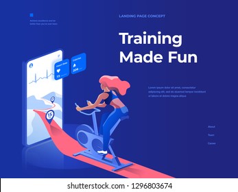 A woman doing a workout on a bike-trainer and using a mobile application to watch out her performance. Sport and recreation. Isometric illustration. Landing page concept.