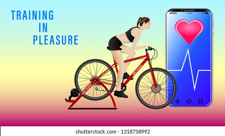 A woman doing a workout on a bike-trainer and using a mobile application to watch out her performance, side view, profile. Sport and recreation. Landing page concept. Realistic vector Illustration