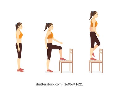 Una mujer haciendo ejercicio en el escalón de la silla y de pie. Ilustración sobre entrenamiento en casa.