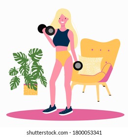 
Woman doing workouts at home. Sport exercises. Fitness, healthy lifestyle.