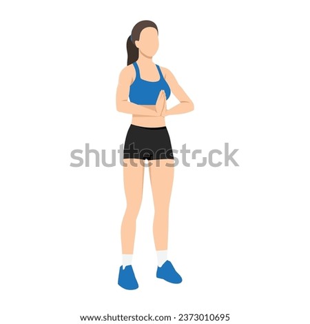 woman doing wrist stretch exercise in standing position. Flat vector illustration isolated on white background