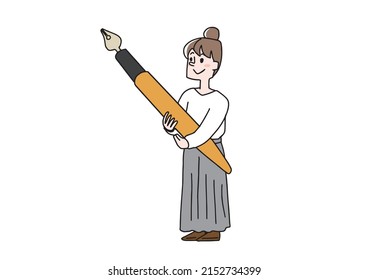 A woman doing writing work, a comical handwritten person fighting with a pen, a vector, a line drawing and a color