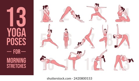 Mujer haciendo yoga, 13 ejercicios de asanas de yoga para las Calles de la Mañana. Vector de ilustración aislado en blanco