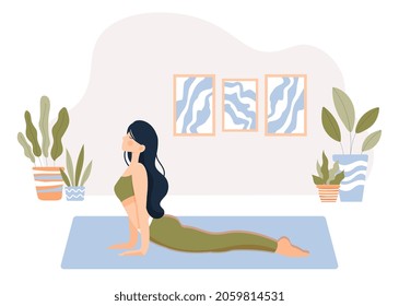 Woman doing yoga. Active lifestyle, health care, stretching, exercise. Girl training at home. Online personal programm