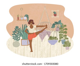 Woman doing yoga activity at home. View a yoga lesson online on a computer. A lesson with an instructor from home. Urban jungle interior. Vector cute drawing illustration