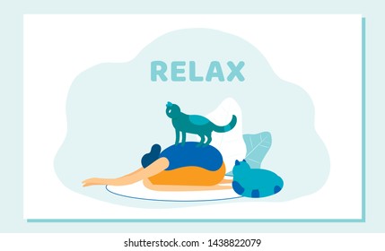 Woman Doing Yoga Asana Cat Sitting on her Back. Girl Relax with Domestic Animals, Morning Exercising at Home, Care for Pets, Relaxation, Leisure, Spare Time. Cartoon Flat Vector Illustration, Banner