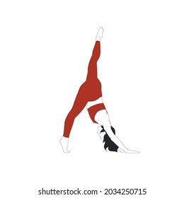 Woman doing yoga asana. Girl stretches the body and muscles. Zen. Activity healthy lifestyle. Girl dressed in sportswear. Meditation and relax. Hand drawn vector art. 