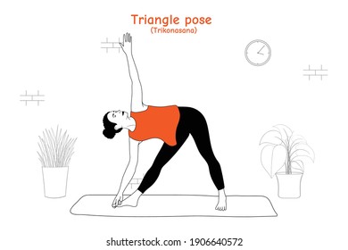 Woman doing yoga asana triangle pose or trikonasana in flat hand drawn style