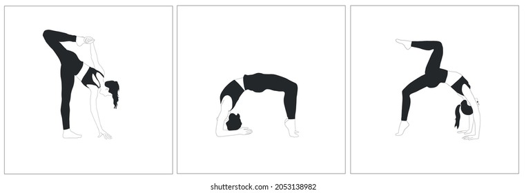 Woman doing yoga asanas. Set of posters with a girl doing sports. Stretching. Healthy lifestyle. Meditation. Hand drawn female silhouette. 