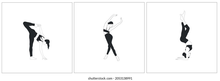 Woman doing yoga asanas. Set of posters with a girl doing sports. Stretching. Healthy lifestyle. Meditation. Hand drawn female silhouette. 