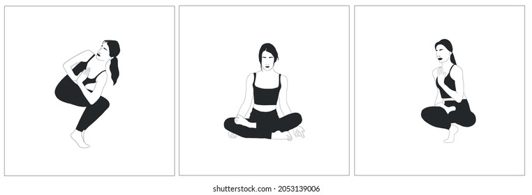 Woman doing yoga asanas. Set of posters with a girl doing sports. Stretching. Healthy lifestyle. Meditation. Hand drawn female silhouette. 