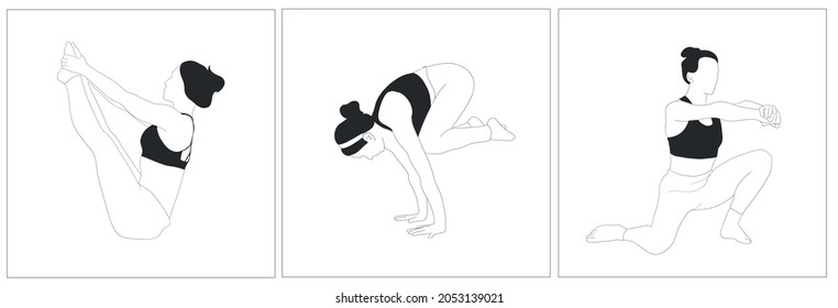 Woman doing yoga asanas. Set of posters with a girl doing sports. Stretching. Healthy lifestyle. Meditation. Hand drawn female silhouette. 