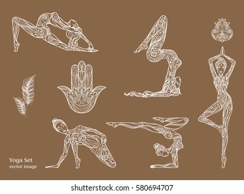 woman doing yoga, beautiful ornament, vector set