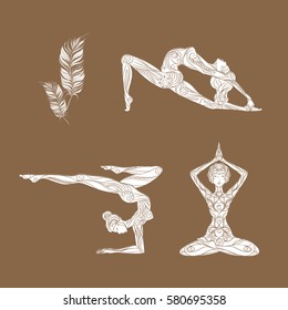 woman doing yoga, beautiful ornament, vector set