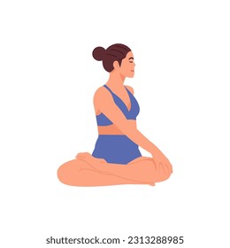 una mujer haciendo yoga, hermosas mujeres en posición de yoga, ilustración de dibujos planos en fondo blanco aislado