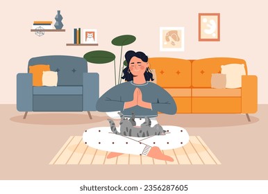 Mujer haciendo yoga con gato. Jovencita sentada en posición de loto con mascota. Propietario con interior de animales domésticos. Estilo de vida activo y deporte. Descansa y relájate, meditación. Dibujo vectorial plano de dibujos animados