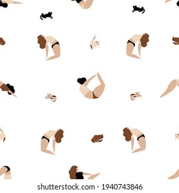 Woman doing yoga with cats seamless pattern minimal