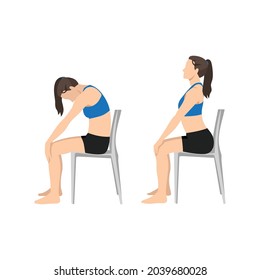 Woman Doing Yoga. Chair Cat Cow Stretch Exercise. Flat Vector Illustration Isolated On White Background 