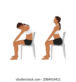 Woman Doing Yoga. Chair Cat Cow Stretch Exercise. Flat Vector Illustration Isolated On White Background 