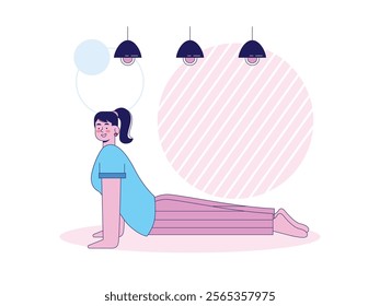 Woman doing yoga cobra pose, stretching body muscles. Character design. Vector flat illustration