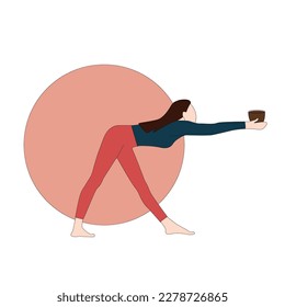 Woman doing yoga with a coffee mug. I adore my morning tea. Vector illustration sticker