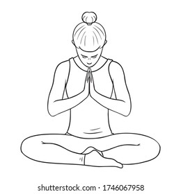 woman doing yoga cross-legged with head bowed and hands clasped. monochrome, comic.