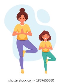 Woman doing yoga with daughter. Family spending time together. Vector illustration