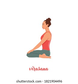 Woman doing yoga for Yoga Day Celebration. Hero or Virasana. Flat vector illustration isolated on white background