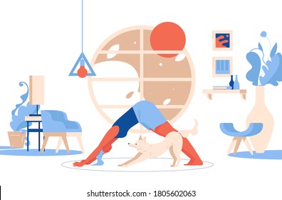 Woman Doing Yoga With Dog. Interior Concept Scene In Vibrant Blue And Orange Colors.