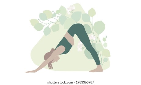 Woman doing yoga downward dog pose with flowers in background