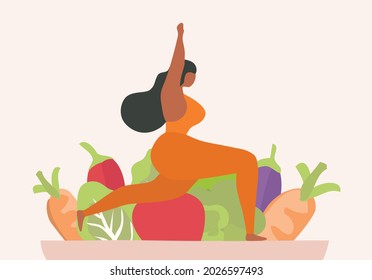 Woman doing yoga and eating heathy food vector illustration. Healthy lifestyle concept