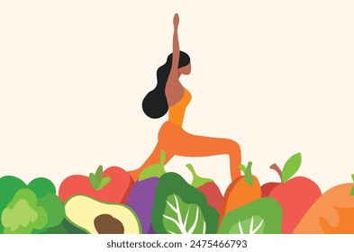 Mujer haciendo yoga y comiendo Ilustración vectorial de comida saludable. Concepto de estilo de vida saludable
