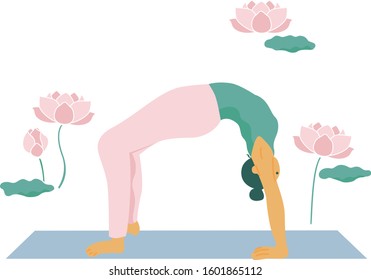 A woman doing yoga. Editable vector illustration. White background with 
lotus flowers.