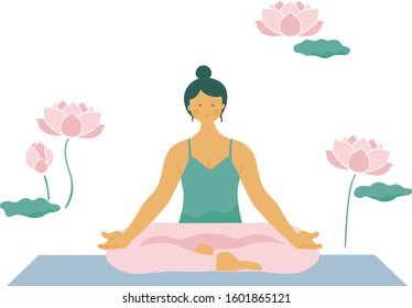 A woman doing yoga. Editable vector illustration. White background with 
lotus flowers.