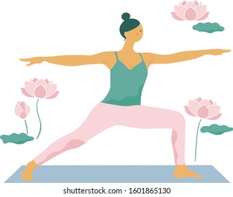 A woman doing yoga. Editable vector illustration. White background with 
lotus flowers.